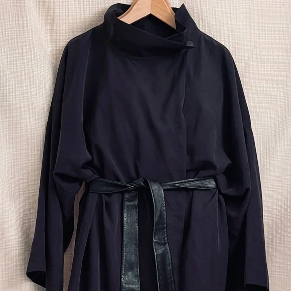 Vintage 90s Maxi Duster Coat Cinched Waist Leather Belt Dark Romance